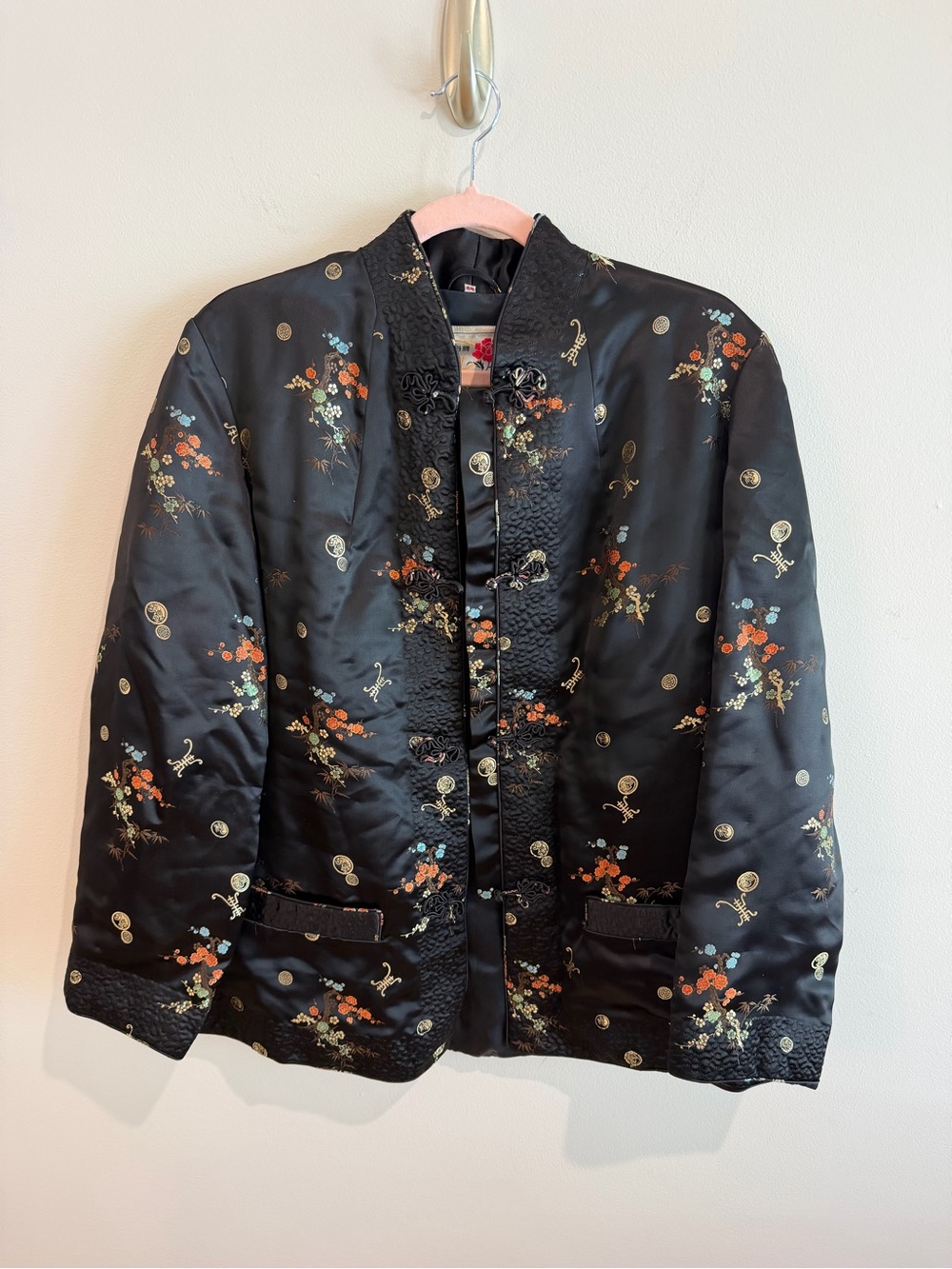 Peony Shanghai China Black Floral Satin Mandarin Collar Jacket